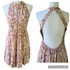 Sunday Mi Amor Floral Halter Mini Dress Open Back Coquette Indie Boho Sz Medium